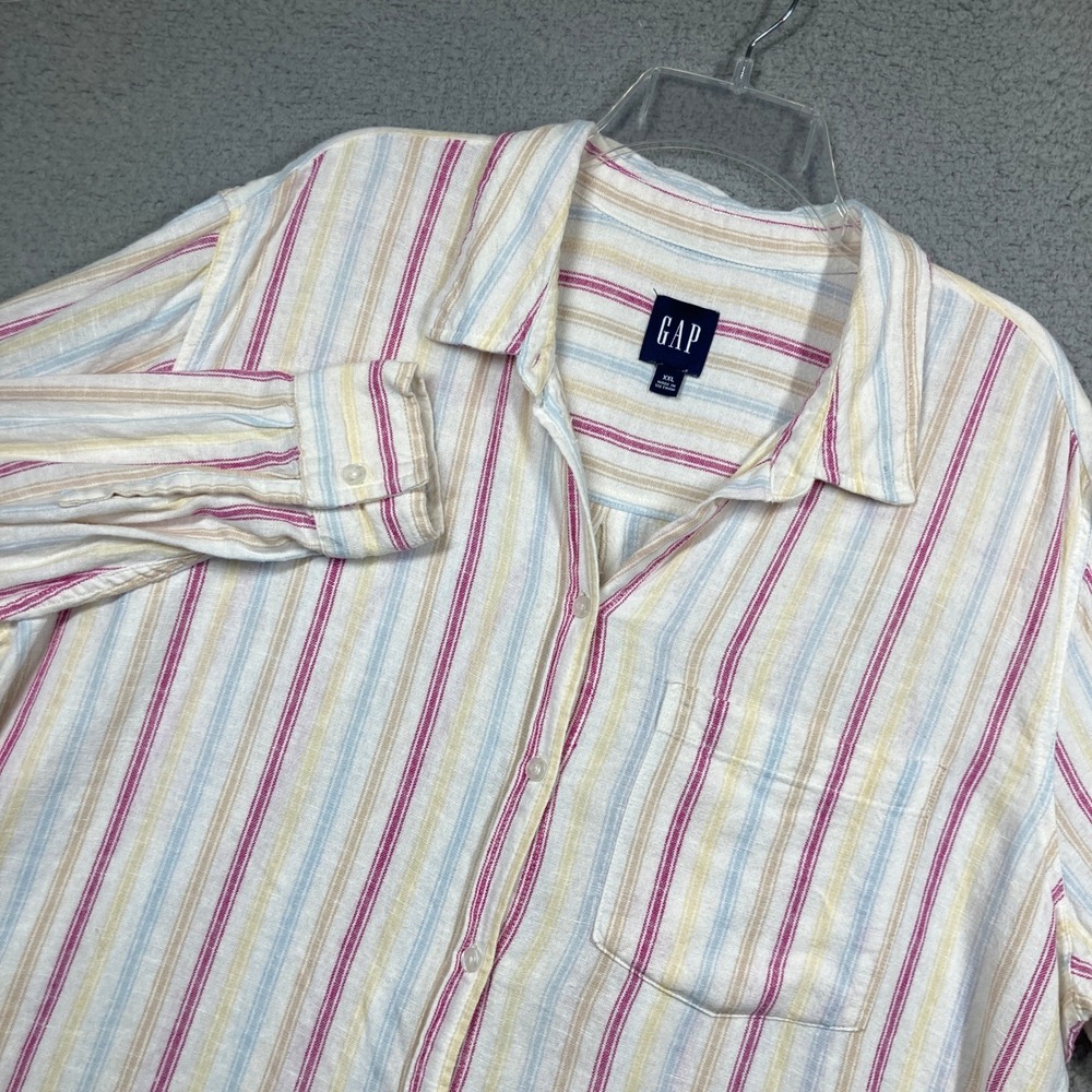 GAP Button Up Shirt Womens XXL Multicolor Stripe Linen Blend Beachy Coastal Airy